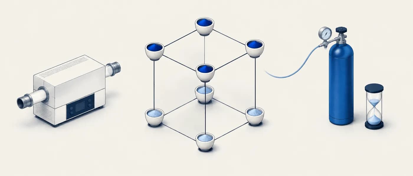 Illustration for the example: 2³ factorial for a calcination step (hypothetical data)